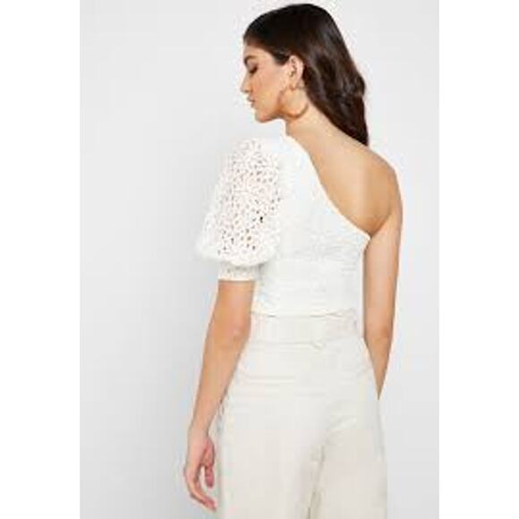 Topshop One Shoulder Lace Puff Sleeve Lined Cropped Top Side Zip Ivory Size 8 - Picture 3 of 6
